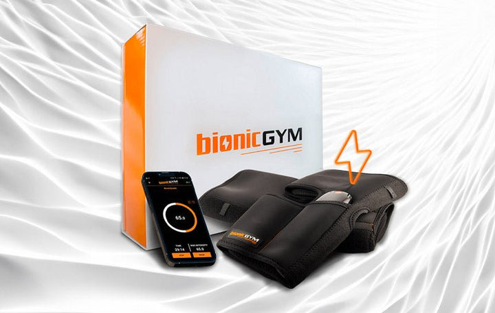 BionicGym - Exercise on Autopilot! - BionicGym packaging with wraps and phone with  the app switched on.
