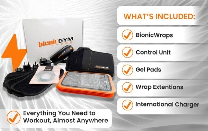Exercise On Autopilot With BionicGym - BionicGym. Whats included with BionicGym. Showing BionicWraps, control unit, gel pads, wrap extentions, international charger.